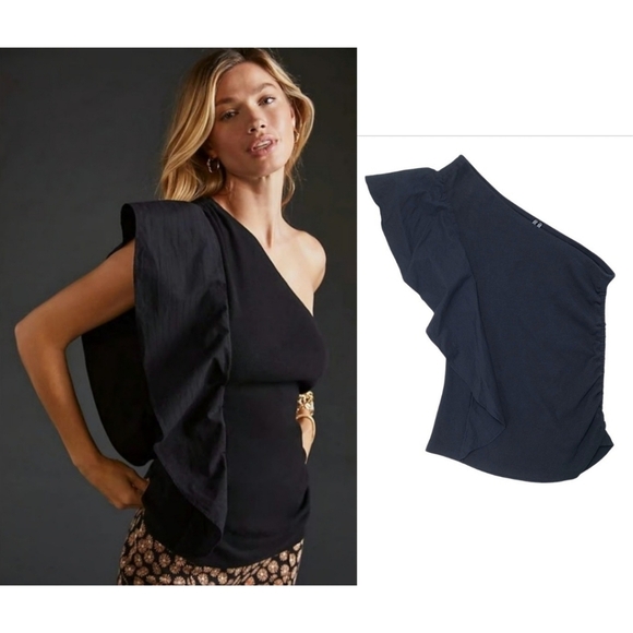 Anthropologie One Shoulder RibbedRuffled Tank Blouse Black Size Small - Picture 1 of 13